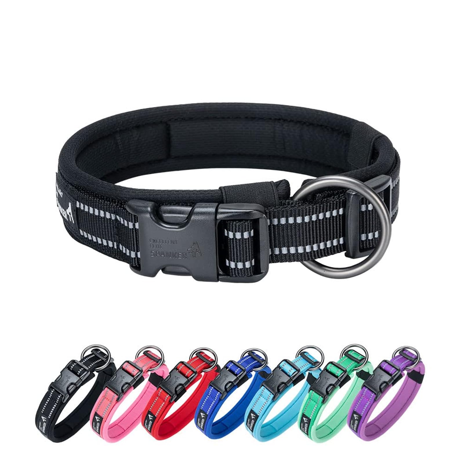 EXCELLENT ELITE SPANKER Reflective Dog Collar Classic Soft Padded Breathable Nylon Adjustable Pet Collar with Quick Release Buckle for Boy Girl Male Female Small Medium Large Dogs Training(BLK-M)