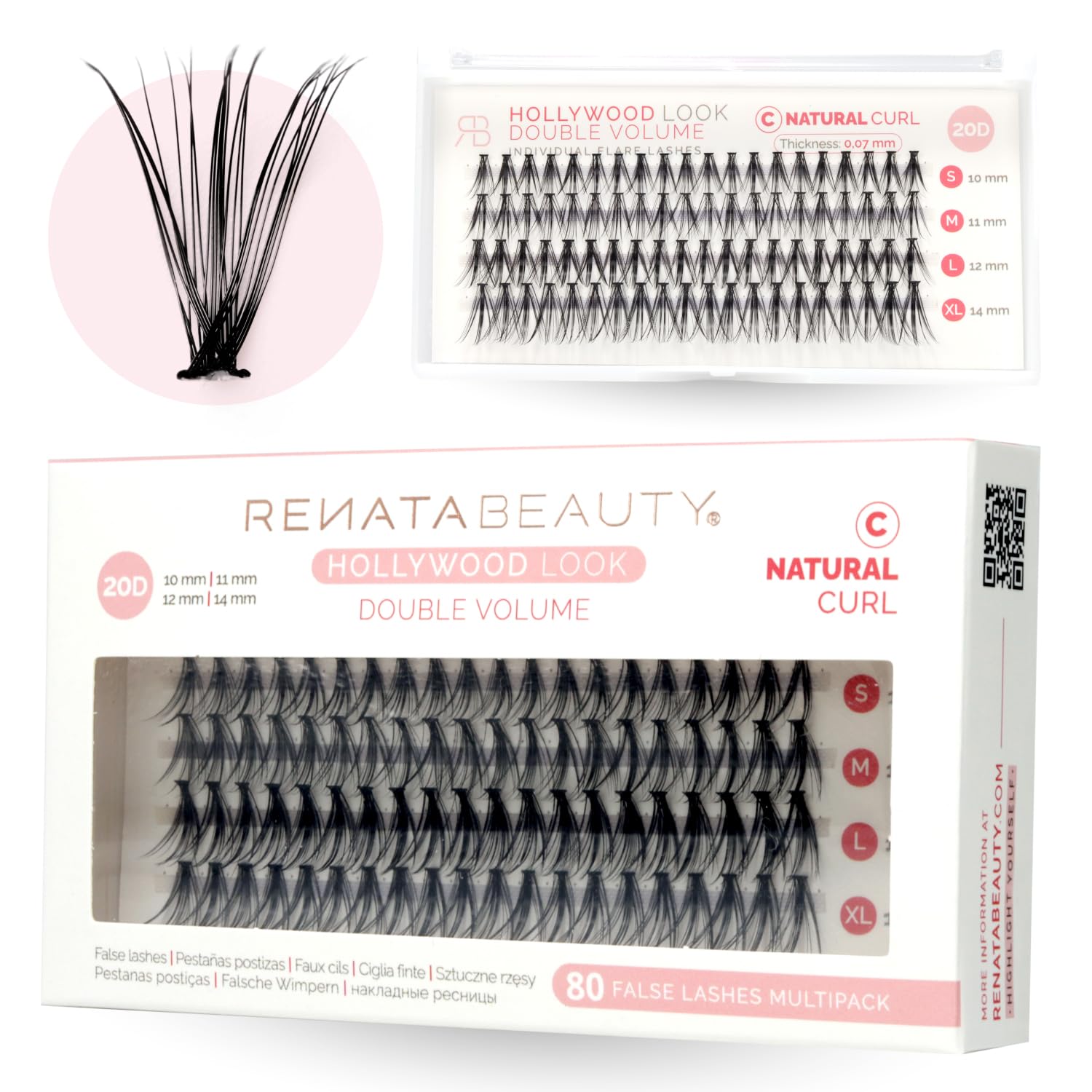 Renata Beauty 20D DOUBLE Volume False Eyelash Extension Kit [C Curl] – 80 Lash Clusters 10-14mm – DIY Natural Looking False Flare Lashes for Home – Add Intensity and Volume – Flat-Band Technology — image 1