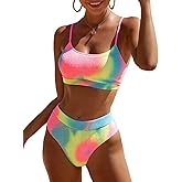 Fanuerg Women's Ribbed High Waisted Bikini Sets Scoop Neck Two Piece Swimsuits Spaghetti Strap Textured Bathing Suit