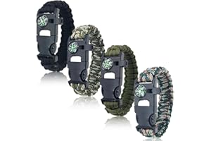 Survival Bracelets 4-Pack | 5-in-1 Paracord Bracelet Set with Fire Starter, Compass & Whistle | Emergency Outdoor Gear for Ca