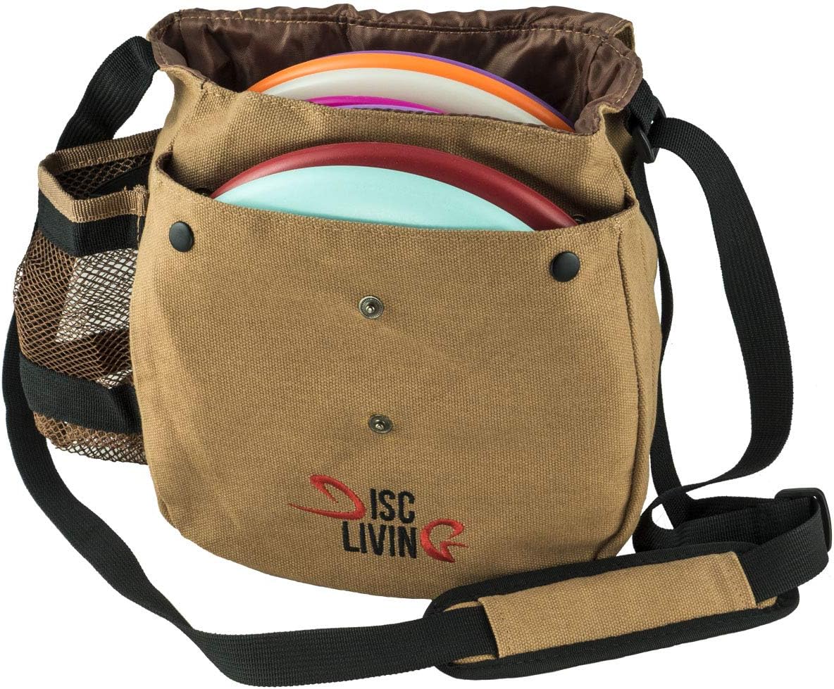 Disc Living Disc Golf Bag | Frisbee Golf Bag | Lightweight Fits Up to 10 Discs | Belt Loop | Adjustable Shoulder Strap Padding | Double Front Button Design | Bottle Holder | Durable Canvas