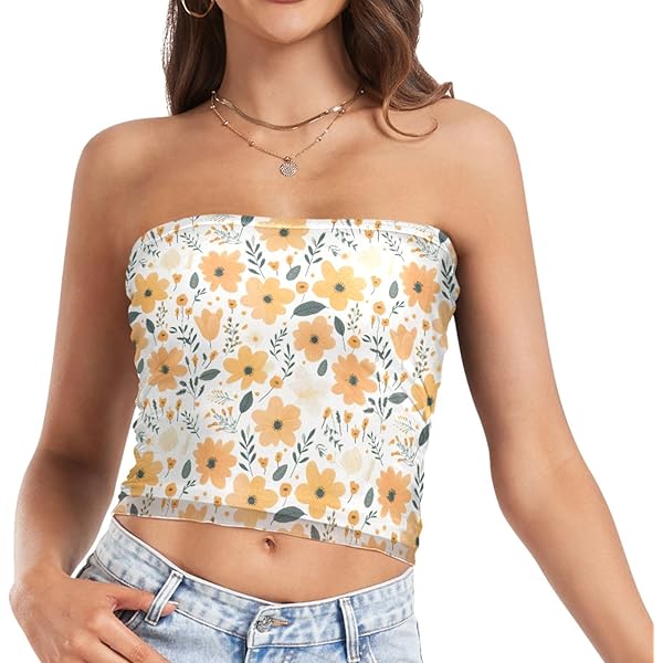 Womens Tube Tops Flower Floral Mesh Crop Top Strapless Bandeau