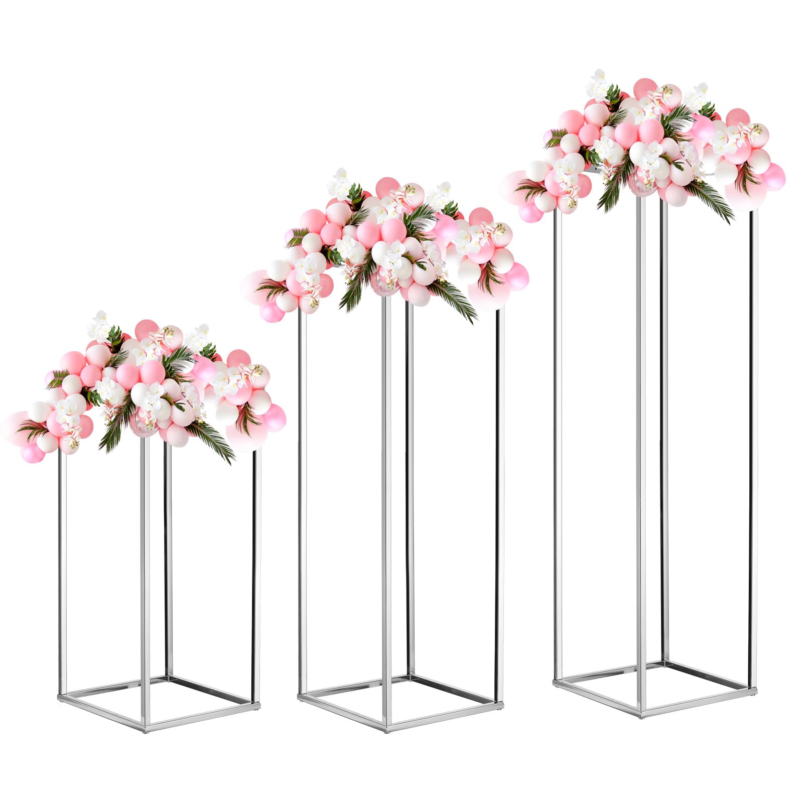 Photo 1 of MECCANIXITY Wedding Flower Stand Vase Column, Metal Flower Stand 15.7, 23.6, 31.5 Inch Tall Flower Rack Silver Tone for Wedding Party Dinner Centerpiece Decorations, 1 Set