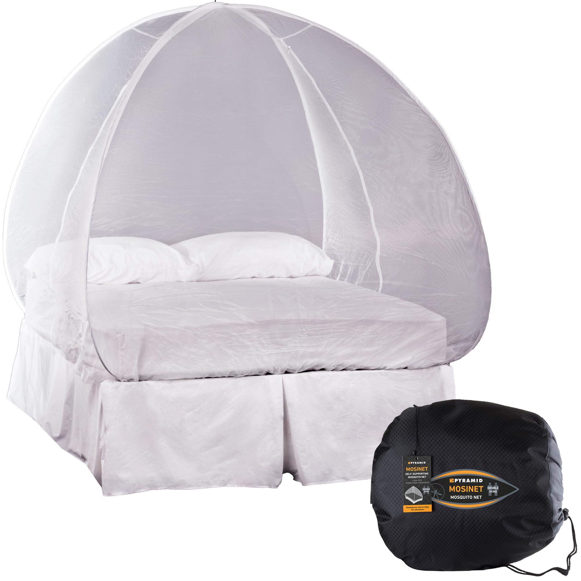 Pyramid Double Mosquito Net for Bed - Pop Up Mosquito Net with Self Standing Frame & Zip Entry - Peremethrin Treaded and Adjustable Struts, Net – Home & Travel Mosquito Net for Double & King Size Beds