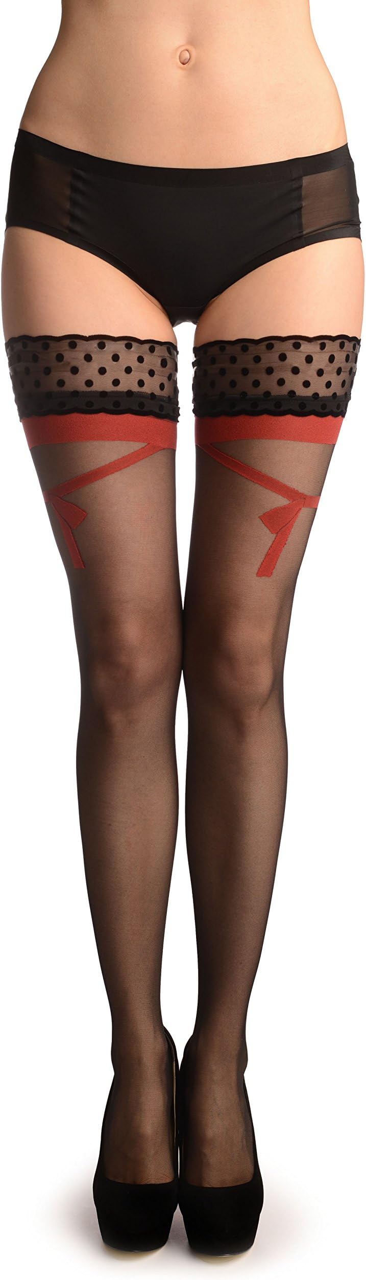 Black With Red Bow And Velvet Polka Dot Silicon Garter - Stay - Up Thigh High