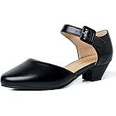 Enelauge Women's Closed Toe Low Block Heels Ankle Buckle Strap D'Orsay Pumps Comfortable Chunky Heel Dress Work Church Shoes