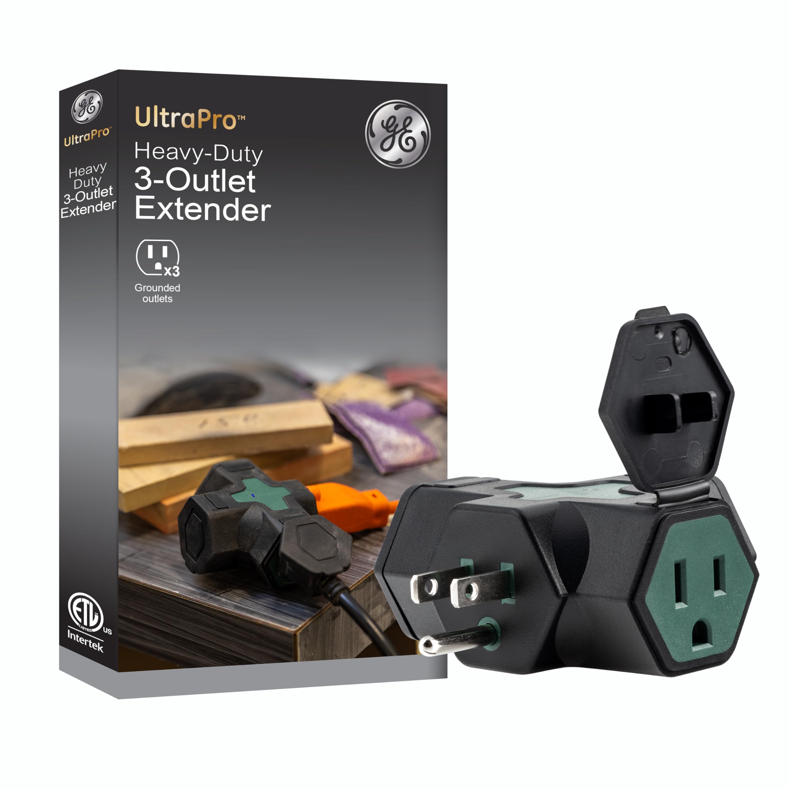 Photo 1 of GE 3-Outlet Extender, Indicator Light, Outlet Adapter, Power Splitter Plug, Heavy Duty, T-Tap Multi Plug, 3 Prong,Use with Christmas/Holiday Lights,Outdoor Rated, ETL Listed, Green, 84080 (Pack of 1)
