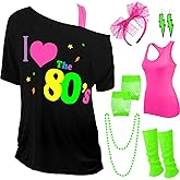 Didaey I Love The 80's Disco Outfits Costume Accessories for Women Shoulder Top Headband Earring Necklace for Halloween Party