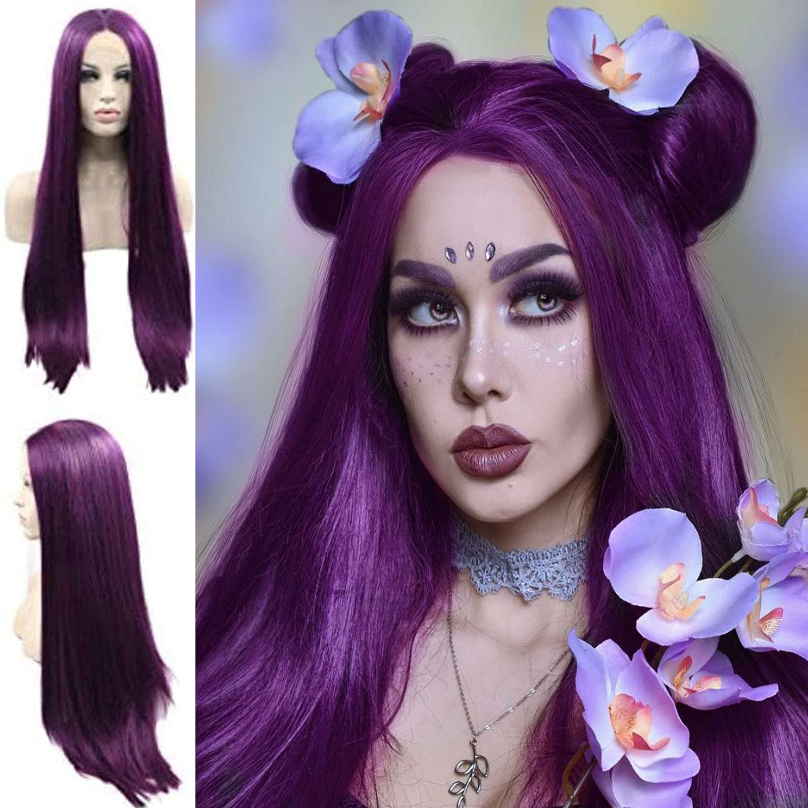 Long Purple Lace Front Wigs for Women Natural Straight Really Long Wig Dark Purple Synthetic Lace Wig Heat Fiber Glueless Realistic Wigs Drag Queen Cosplay Daily Use 24 Inches