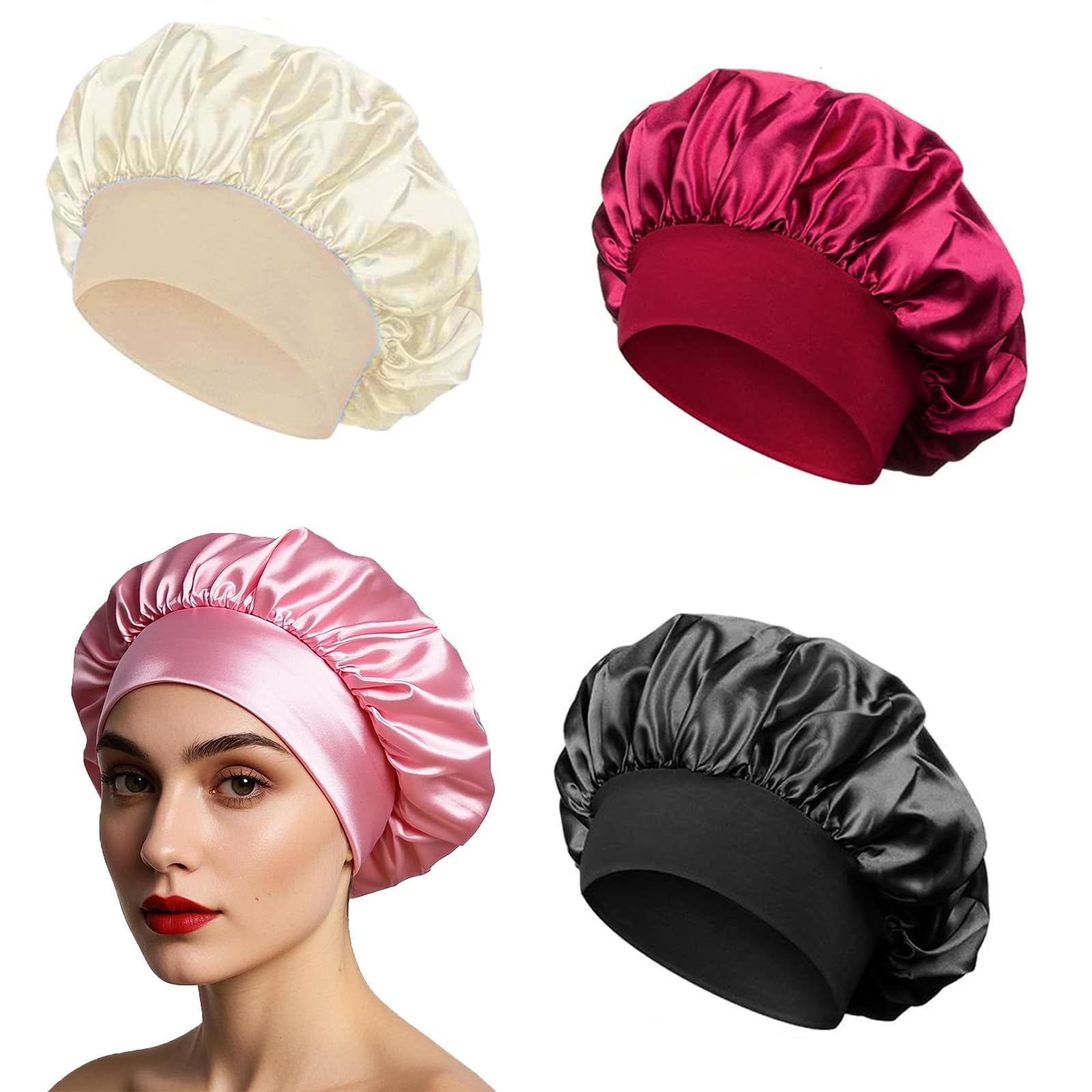 4 Pack Satin Silk Sleep Bonnet for Women & Girls - Wide Elastic Band Hair Wrap for Night, Soft & Comfortable Sleeping Cap for Curly Hair, Makeup & Hair Care Head Cover