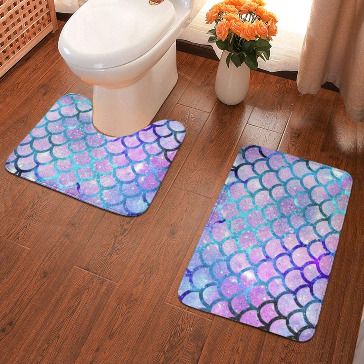 YOFFYO Extra Soft Memory Foam Bathroom Rug Mat Set with 1 Floor Pad Rugs + 1 U-Shaped Bath Rug - Mermaid Scales with Galaxy 2 Pack Bathroom Rug Carpet for Tub and Shower