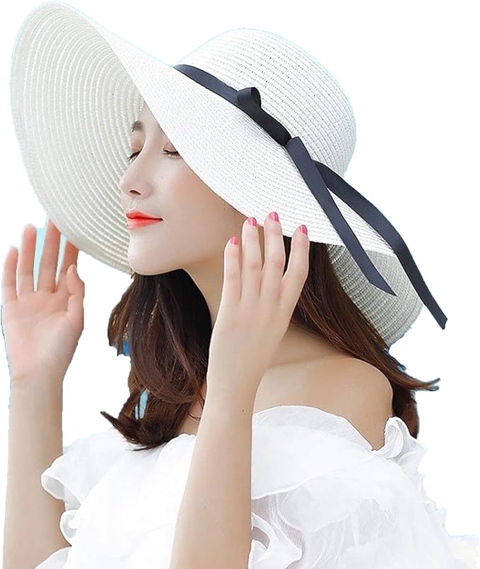 Summer Wide Brim White Straw Hats Big Sun Hats for Women UV Protection