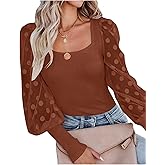 LYANER Women's Square Neck Blouse Sheer Mesh Lantern Sleeve Polka Dot Knit Business Casual Tops Shirts