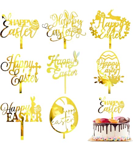 10 Pcs Gold Happy Easter Cake Toppers - Acrylic Side Cake Decorations For Spring Party Desserts - View #3