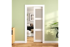 JUBEST Pocket Door 30"x80", 3-Panel Tempered Frosted Glass Sliding Pocket Door with Soft Close Hardware Kit, Sturdy Solid Wood & MDF with Water-Proof PVC Surface, Assembly Needed, White