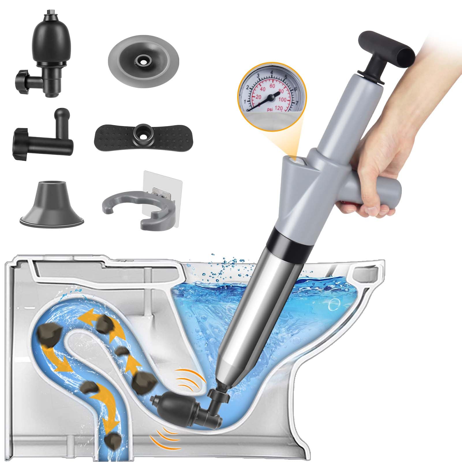 Toilet Plunger, High Pressure Plunger Kit, Unblocker Heavy Duty Toilet Plunger with with A Holder and 4 Replaceable Heads, Toilet Plungers for Unblocking Bathtub, Sink, Drain and Pipe Clog