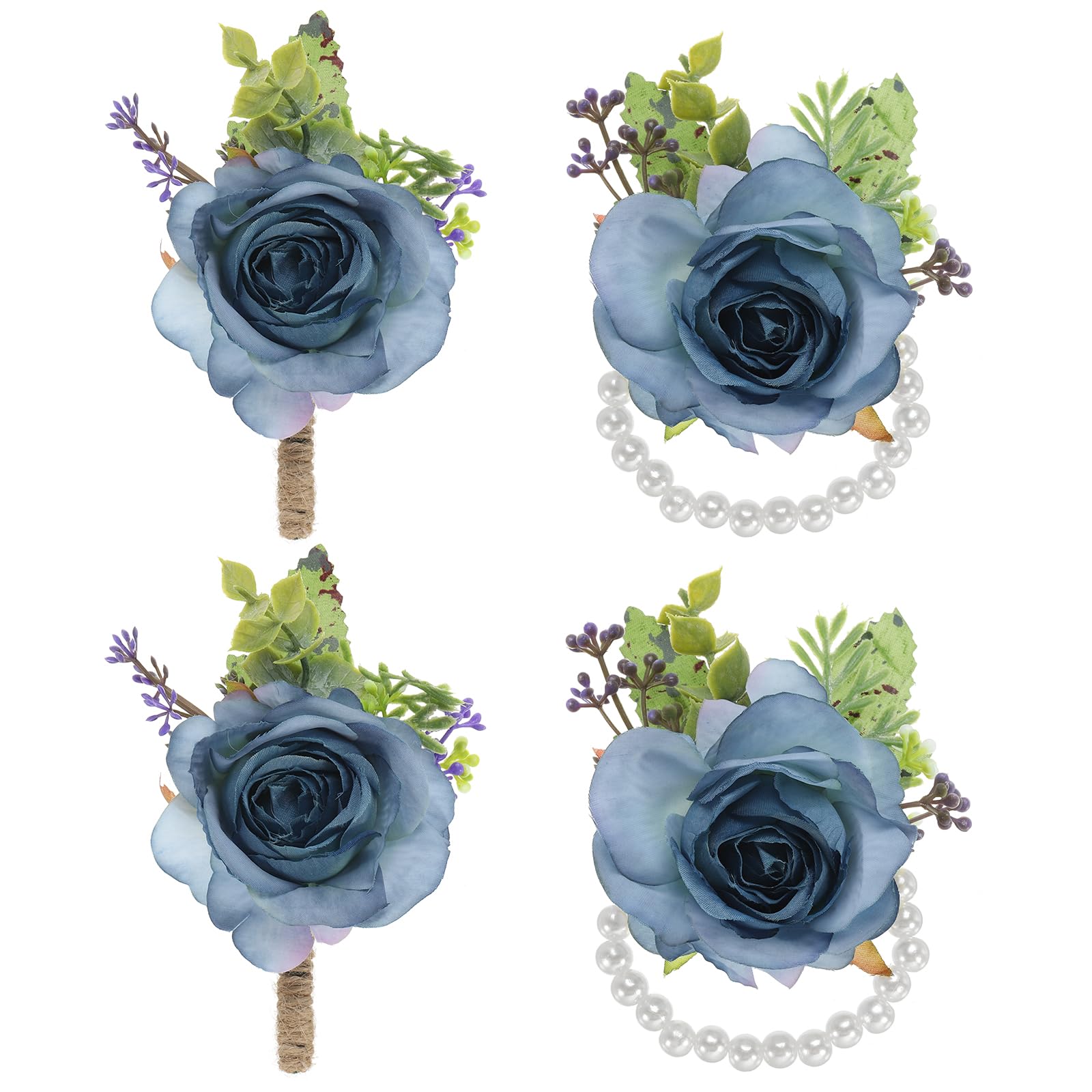 PATIKIL Rose Wrist Corsage and Boutonnieres Set, 4 Pcs Wedding Flower Wristlet Band Bracelet Hand Flowers Tether Accessories for Men Women Bachelor Party Prom Homecoming, Blue
