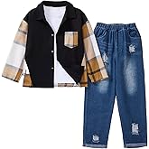 Woleroyir Toddler Baby Boy Clothes Flannel Long Sleeve Plaid Shirt Ripped Denim Jeans Outfit Set Boys Fall Outfits 2-6 Years