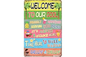 MLOVOS Metal Sign Welcome to Our Pool Funny Vintage Pool Rules Wall Decoration Retro Home Decor Swimming Pool Wall Decor 12x17 Inches