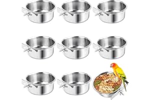 Lainballow 8 Pcs Bird Feeding Dish Cups, Stainless Steel Bird Food Bowls with Clamp, 10×4.5cm Parrot Feeding Cups, Birds Cage