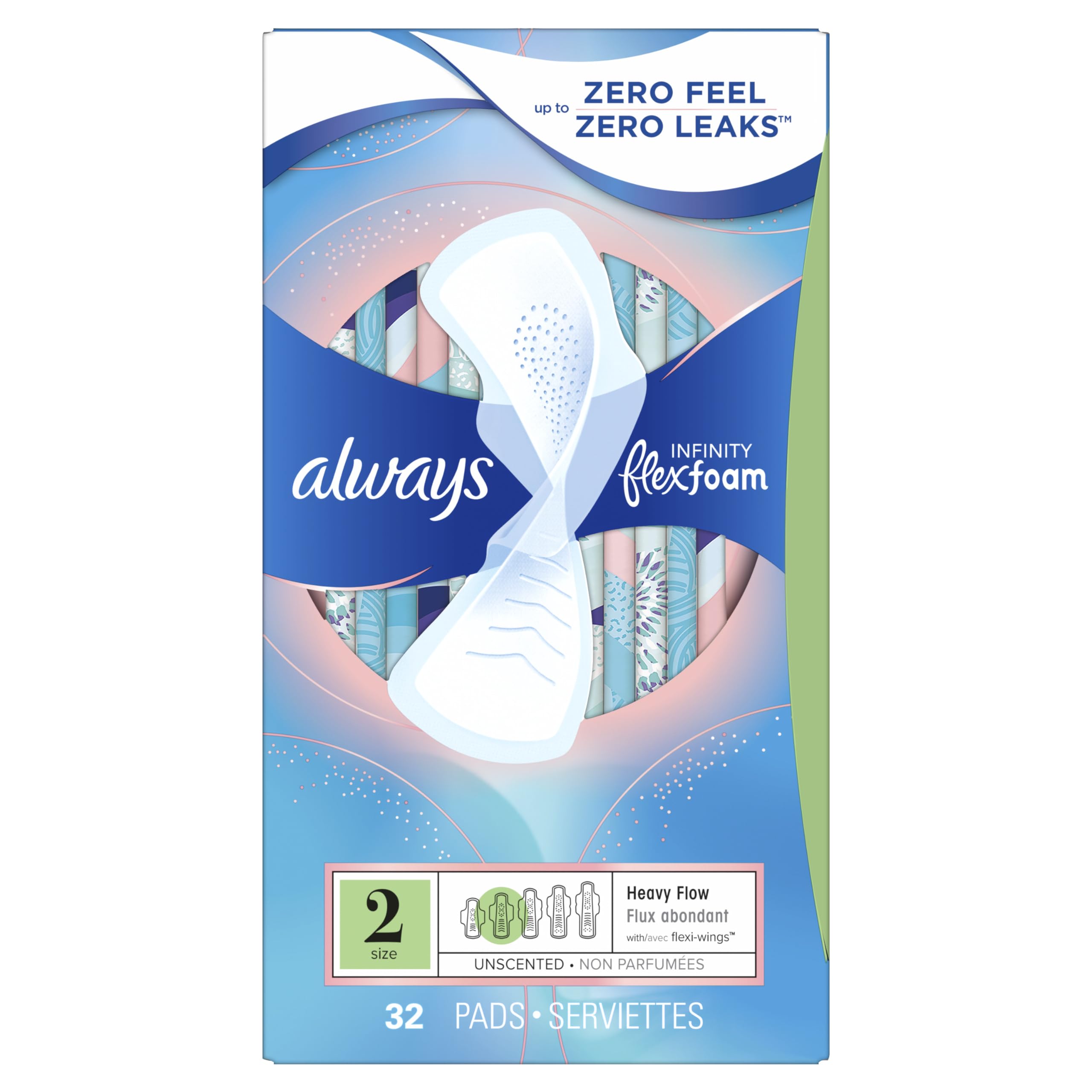 Always Infinity Feminine Pads for Women, Size 2, Heavy Flow Absorbency, with Wings, Unscented 96 Count (3 Packs of 32)