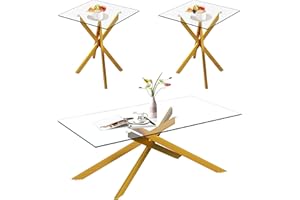 SYBRIOKA Gold Glass Coffee Table Set of 3 Modern End Table Living Room Side Table, Geometric Metal Legs 47.2 Inch Clear Rectangle Center Cocktail Tables, Gold