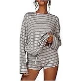 MakeMeChic Women's Striped Lounge Set 2 Piece Outfits Long Sleeve Tops Mini Shorts Sets Loungewear