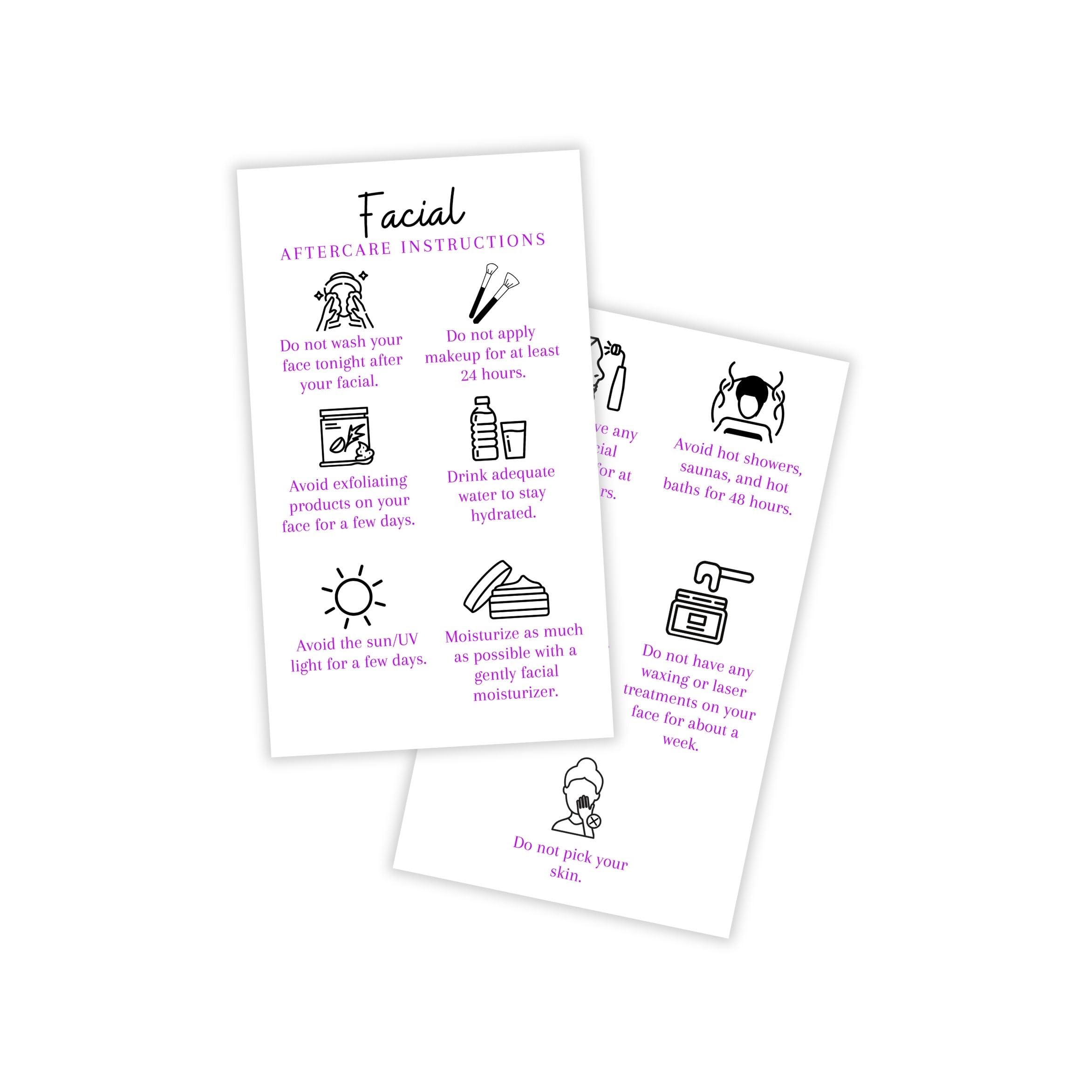 Boutique Marketing LLC Facial Aftercare Cards | 50 Pack | Size 2 x 3.5” inches Business Card Size | Esthetician | Aftercare Instructions White with Purple Text Design, black, white, purple