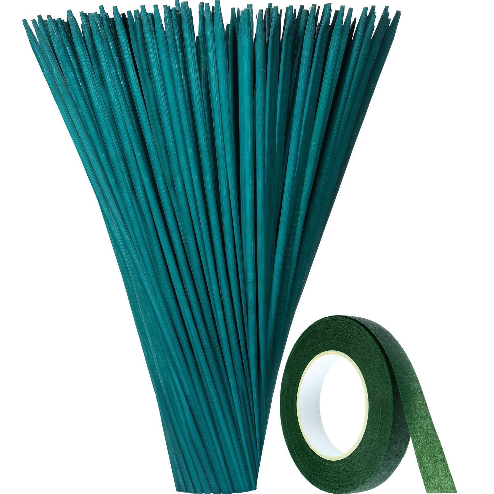 Gulfmew 50 Pieces Wood Plant Stake Floral Sticks Support 13.8 Inch Green Garden Plant Sticks Wooden Bamboo Stake Craft Picks with 25 Yard Dark Green Flower Paper Tape