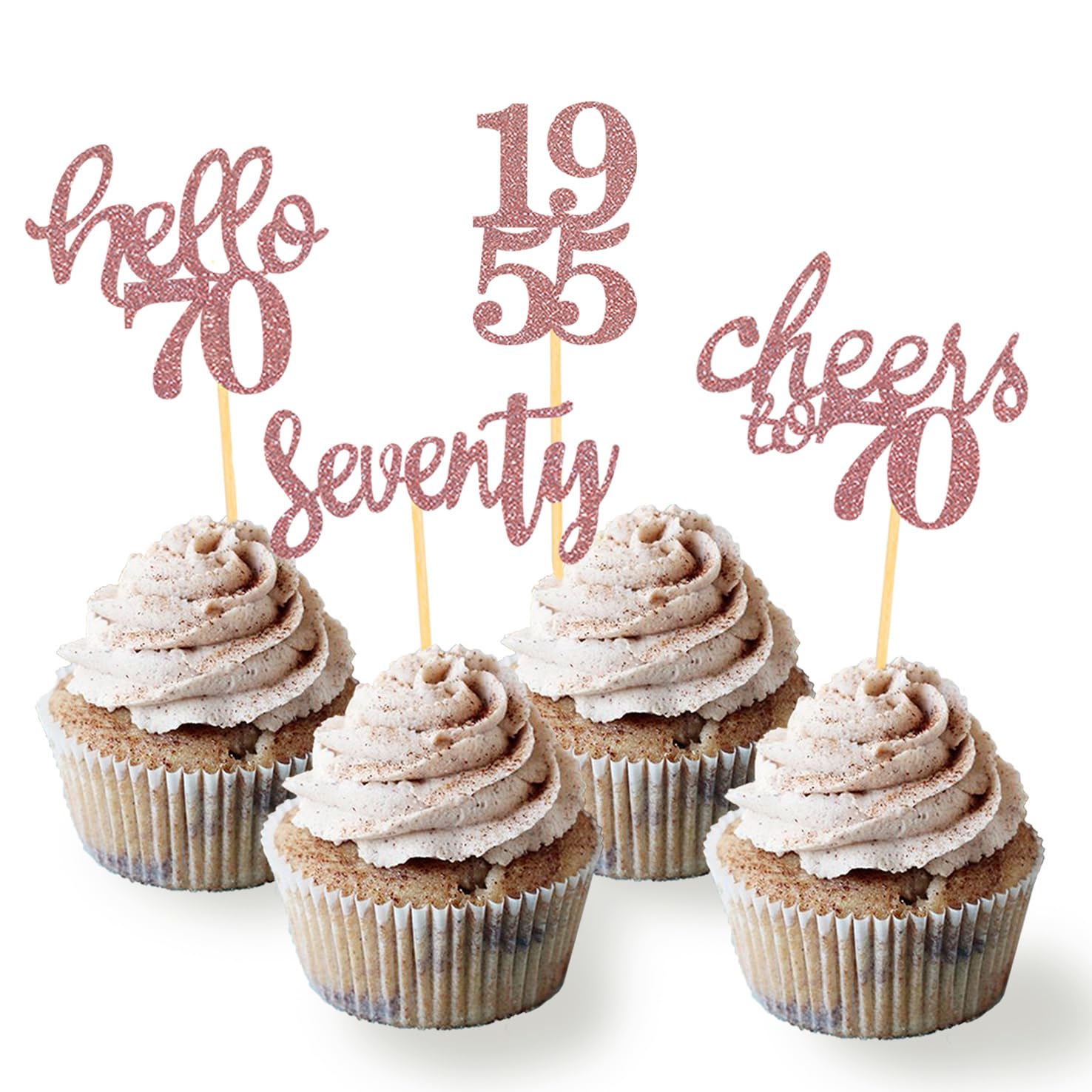 Photo 1 of 24 Pcs Glitter 70th Birthday Cupcake Toppers for Celebrating 70th Birthday Party Decorations for Seventy Years Old Birthday Party Supplies (Rose Gold)
