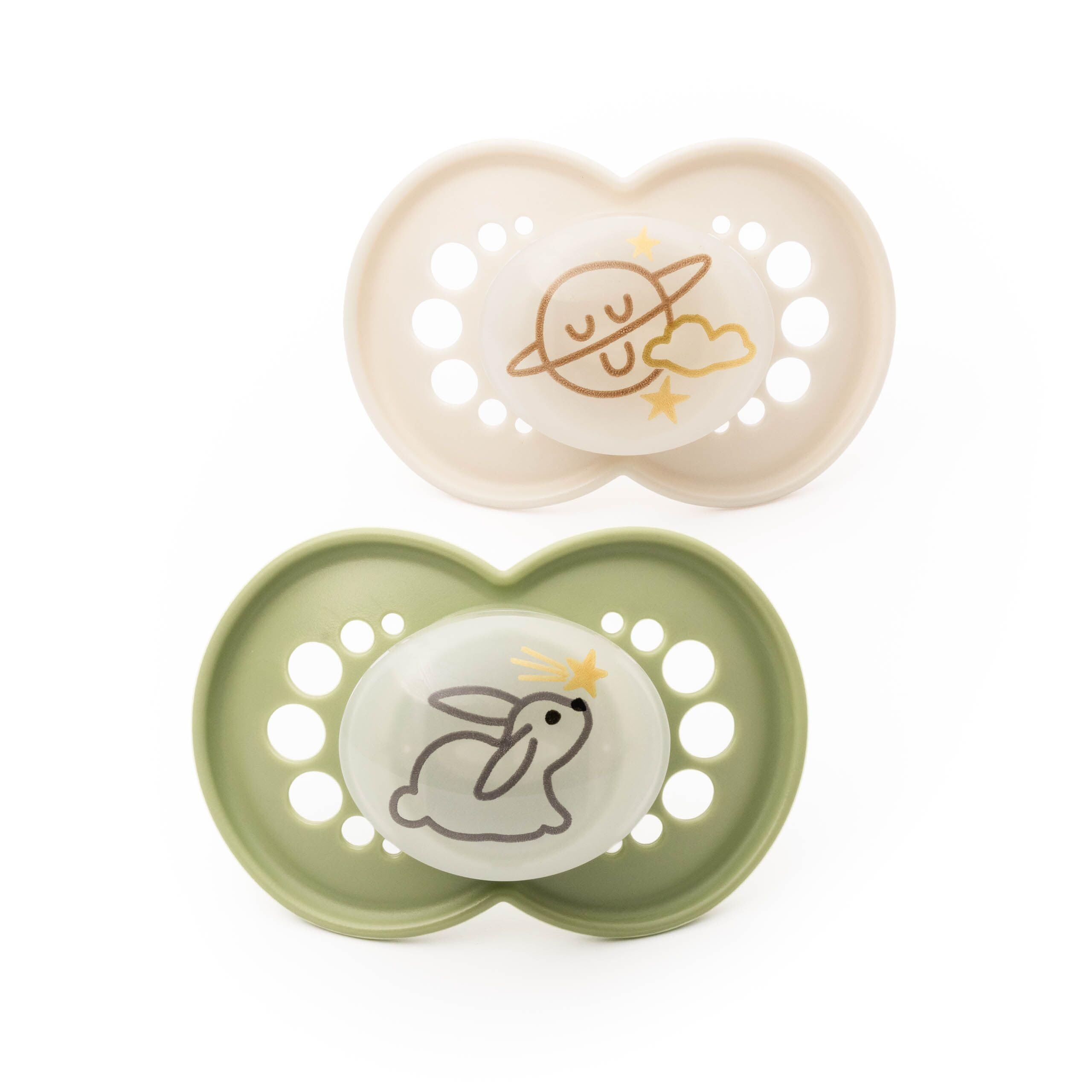 MAM Original Night Soothers | 18-36 Months | 2 Pack | Glow in the Dark Dummies | Comes in Dummy Steriliser Case | Sustainable Materials | Baby Accessories | Green/Cream (Various Designs)