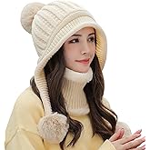 Women Winter Beanie Hat Circle Scarf Set Pompoms Peruvian Ski Snow Ear Flaps Cold Weather Warm Sherpa Knit Hats Fleece Lined