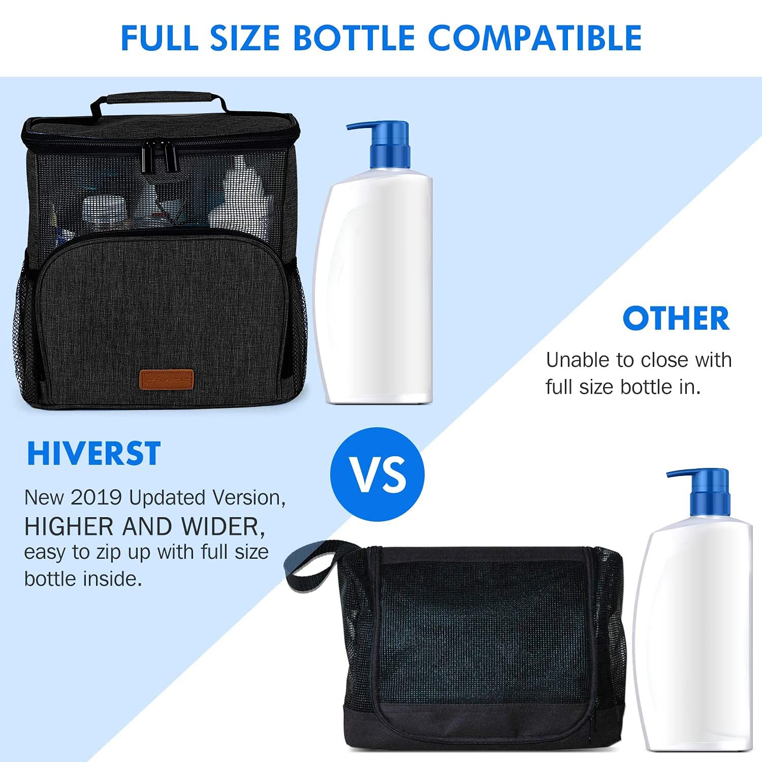 Hiverst Hiverst Hanging Toiletry Bag, Shower Caddy Tote Bag (Updated Version, Full Size Bottle Compatible), Bath Organizer for College Dorms, Gym, Camp, Women Men, with Funny Luggage Tag