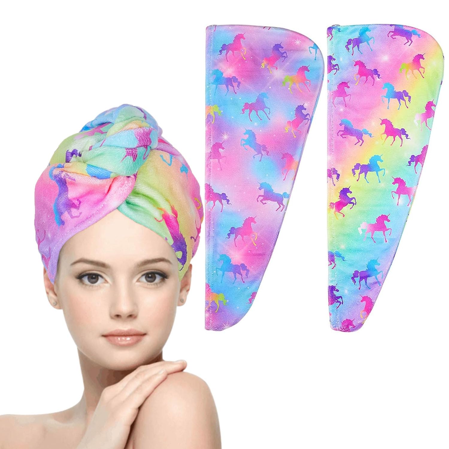 WUBAYI 2 Pack Microfibre Hair Towels - Quick Drying, Super Absorbent With Button. Designed For Wet Hair Wraps, Women's & Girls' Rainbow Unicorn