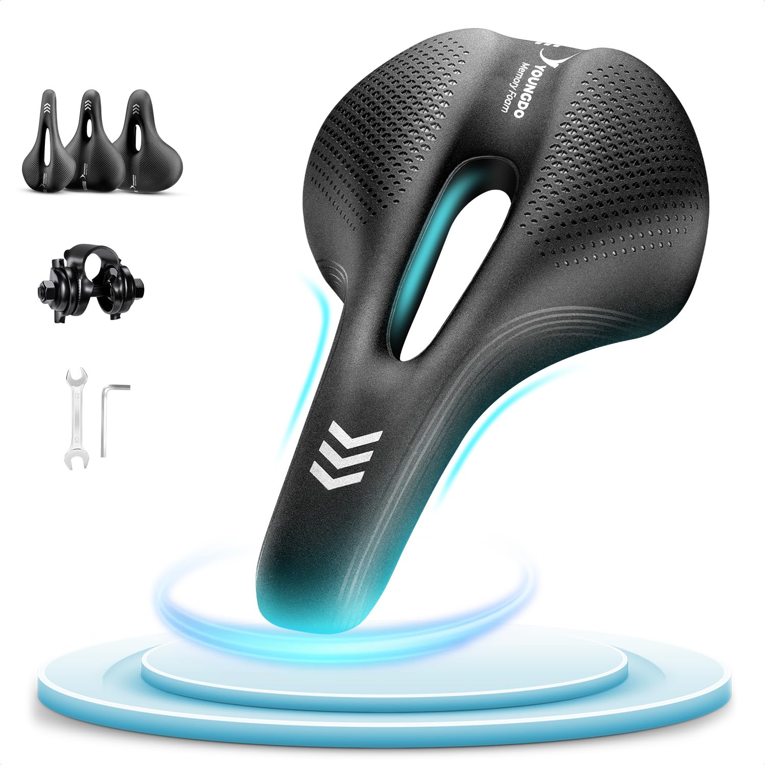 YOUNGDO Waterproof Bike Seat Cushion for Men Women, Bicycle Saddle with Smart Zone-Concept, Comfortable Bikes Seats Made Of Comfy Memory Foam, Fit for BMX, MTB & Road, Stationary/Exercise/Indoor