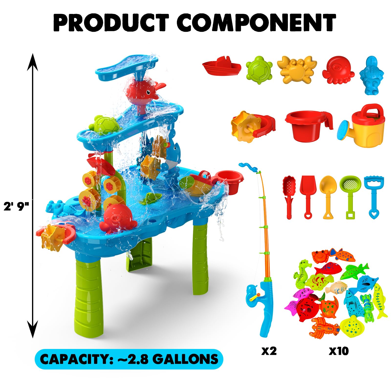 CozyBomB™ Water Table for Toddlers 3-5 | Outdoor Toys Water Play Table, Magnetic Fishing Toy Game, Summer Splash Pond Showers Sand Activity, Sensory Party Birthday Gift Kids Ages 4-8 9-12