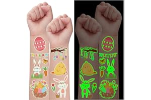 PARTYWIND Glow Easter Basket Essentials Temporary Tattoos for Kids, 100 Styles Luminous Fake Tattoo Stickers with Easter Eggs/Rabbits/Chicks, Party Supplies Goodie Bags Stuffers for Basket