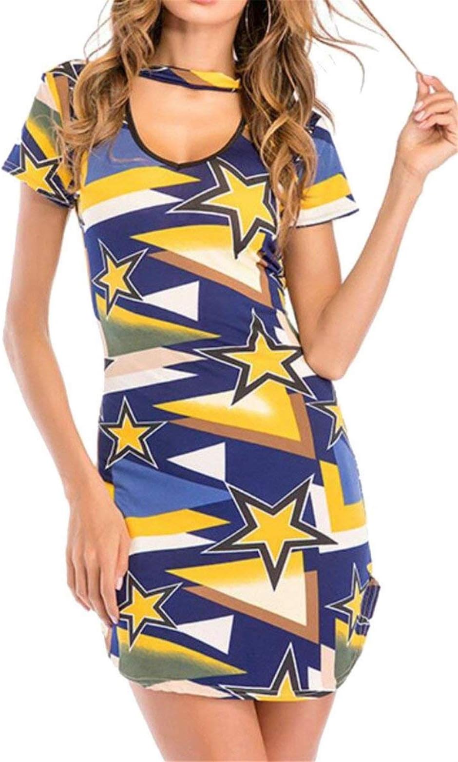 Starsace Women's Print V Neck Shorts Sleeve Curved-Hem Choker Midi Dress