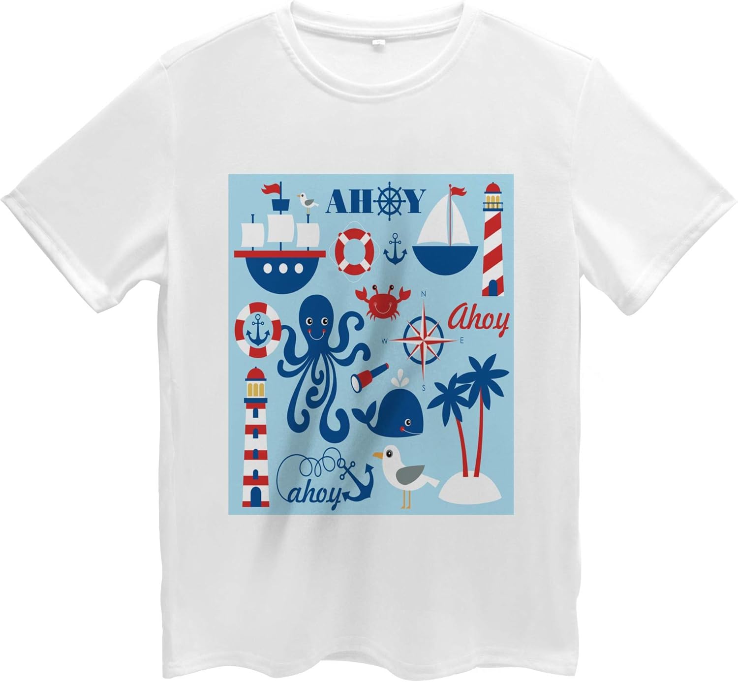 Lunarable Nautical Men's T Shirt, Cheerful Sea Theme, Short