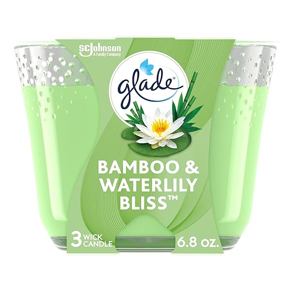 GLADE CANDLE BAMBOO & WATERLILY BLISS, FRAGRANCE CANDLE INFUSED WITH ESSENTIAL OILS, AIR FRESHENER CANDLE, 3-WICK CANDLE, 6.8 OZ