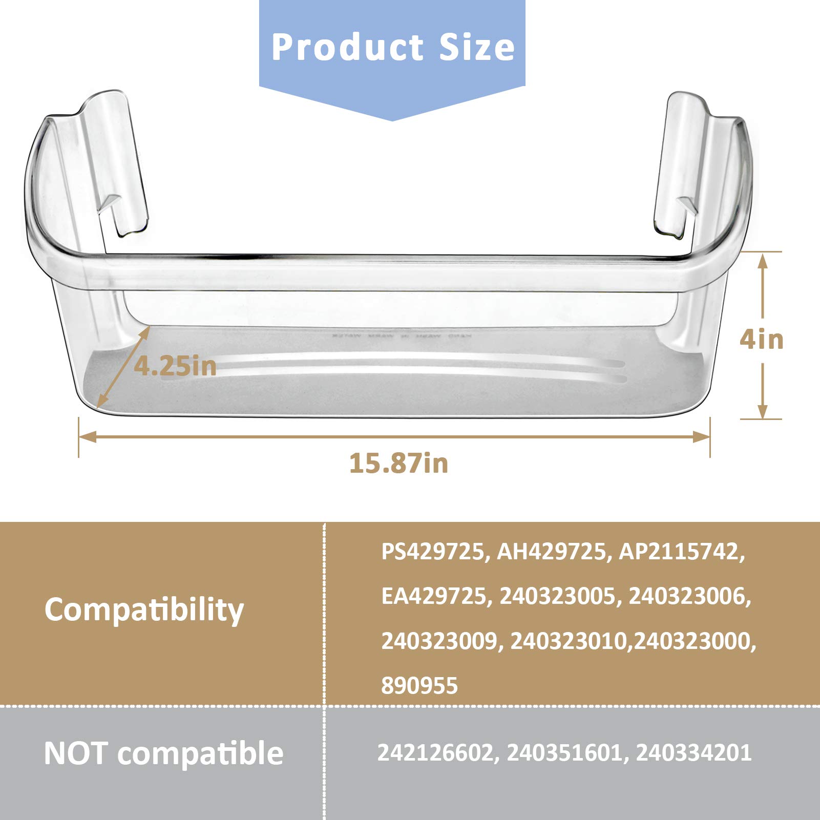 240323002 Refrigerator Door Bin Shelf Compatible with Frigidaire or Electrolux, Bottom 2 Shelves on Refrigerator Side, Single Unit, Clear, Replaces PS429725, AP2115742, AH429725，