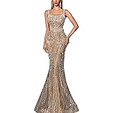 VOUIAO Women's Square Neck Sequin Beaded Mermaid Formal Evening Dress Spaghetti Strap Bodycon Prom Party Cocktail Maxi Gown