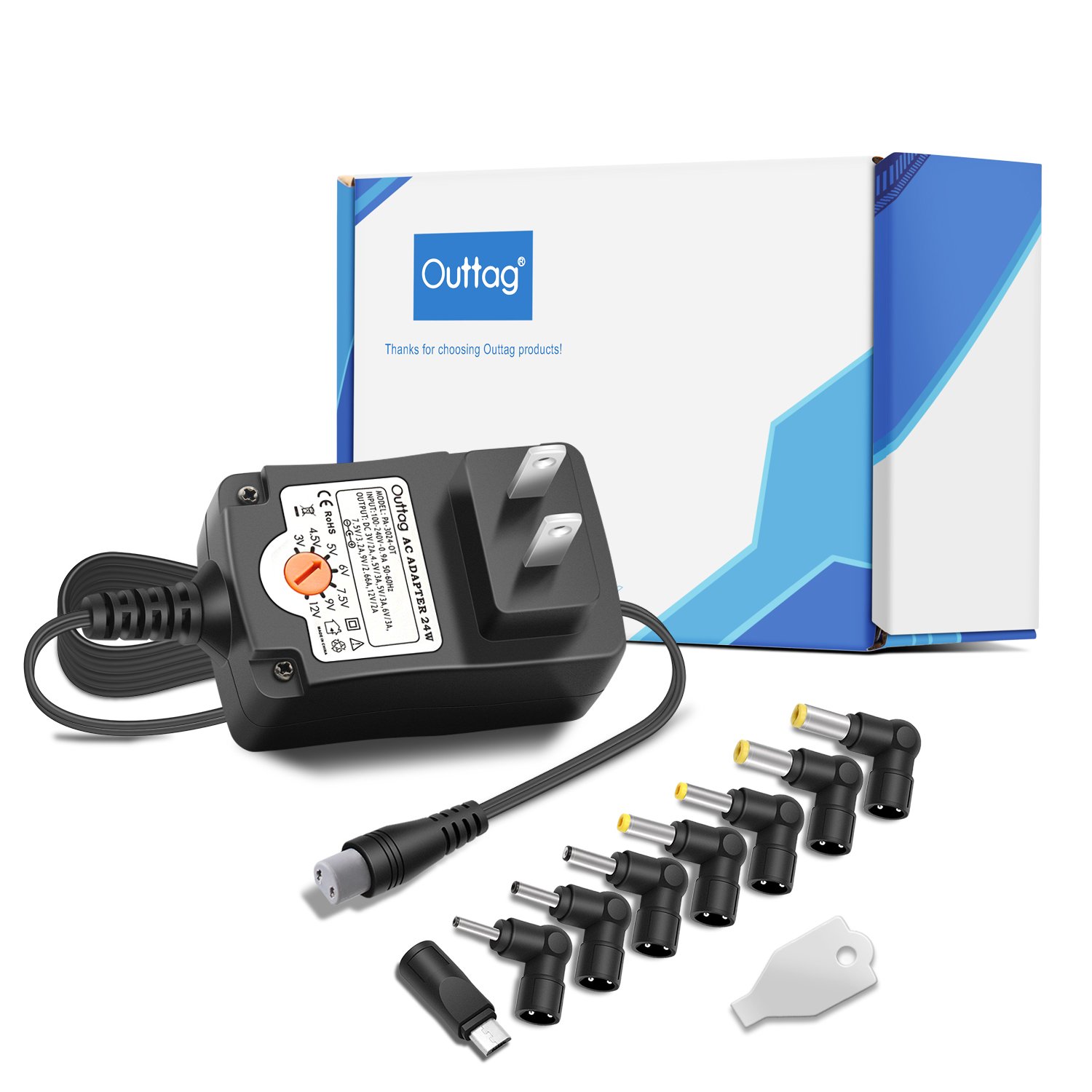 Outtag 24W 3v/ 4.5v/ 5v/ 6v/ 7.5v/ 9v/ 12v Regulated Multi Voltage Switching Replacement Power AC Adapter for Household Electronics Routers Speakers CCTV Cameras Smart Phone USB Charging Device