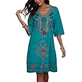 Grosy Women’s Embroidered Mexican Fiesta Dress Plus Size Traditional Floral Boho Dresses for Women Peasant Hippie Outfit