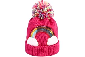 NEWFANCY Little Girls Winter Sequin Rainbow Beanie Hat with Pom Pom Knit Cap for Kids Baby Toddler