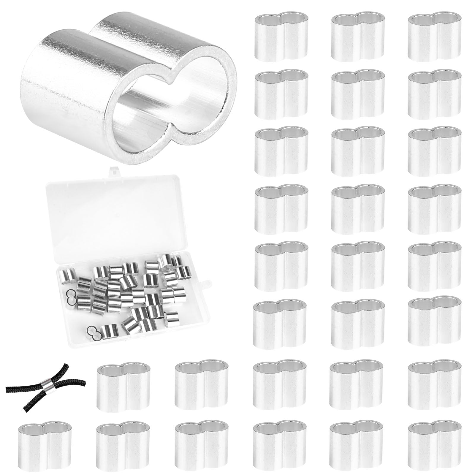Jwogngls 30 Pieces Rope Clamp 8 mm Aluminium Crimping Loop Choke Clamps with Storage Box Double Sleeves Press Clamps for Rubber Rope, Expander Rope, Tarpaulin Rope (8 mm)