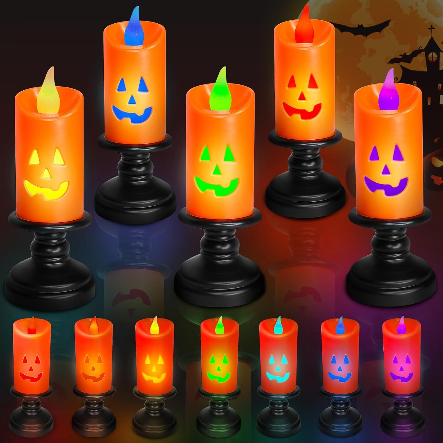Photo 1 of 12 PCS Halloween Table Decorations Halloween Centerpieces for Tables Halloween Flameless LED Candles Orange Jack-O-Lantern Candles Flickering LED Color Changing Candle for Halloweens Party Decorations