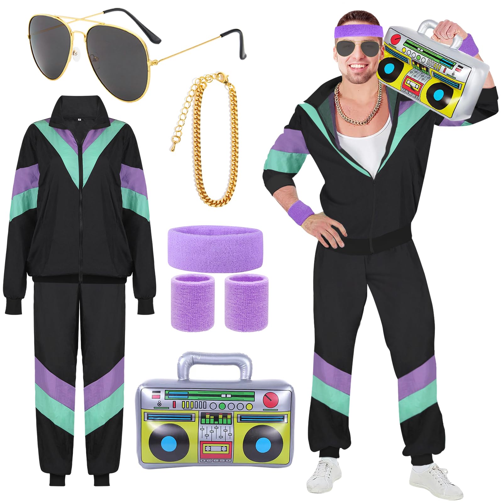 1980s Fancy Dress Men Shell Suit 80 90s Fancy Dress Costumes for Men Women Adult Retro Rave Scouser Stag Do Outfit 80s Costume Dress up Men's 80s Tracksuit Black Jackets Pants Accessories (S)
