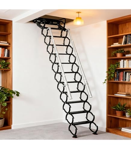 Electric Loft Ladder Kit – Hinged Telescopic Folding Stairs With Handrail, Roof Entry Hatch, 0.6 X 1.1m Entrance, Fits Height Up To 3m (Black)
