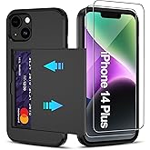 Pilaru for iPhone 14 Plus Case with Card Holder【2 Pcs HD Screen Protector】 i14 Plus Slim Heavy Duty Dual Layer Shockproof Design【Hidden Card Slot 】 Wallet Case for iPhone 14 Plus Phone Case -Black